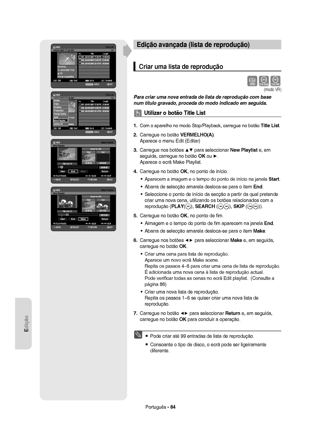 Samsung DVD-HR755/XEC manual Edição avançada lista de reprodução, Criar uma lista de reprodução, Partial 3 MPEG2Delete 