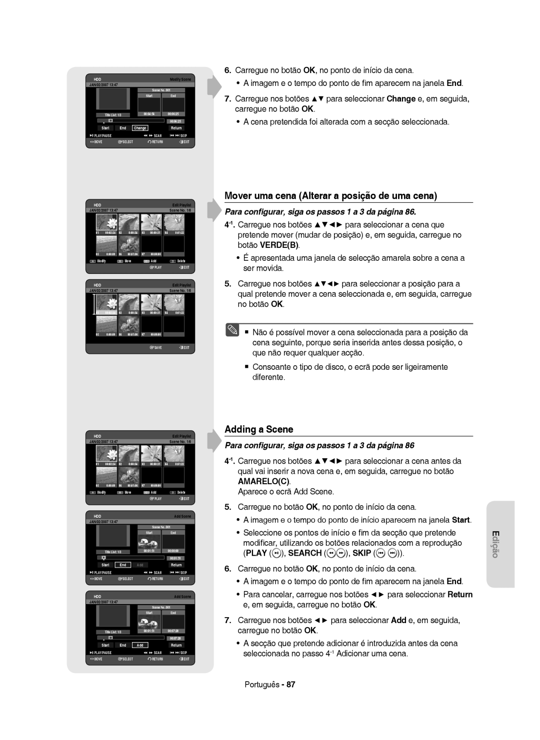 Samsung DVD-HR755/EUR, DVD-HR755/XEB, DVD-HR755/XEC manual Mover uma cena Alterar a posição de uma cena, Adding a Scene 