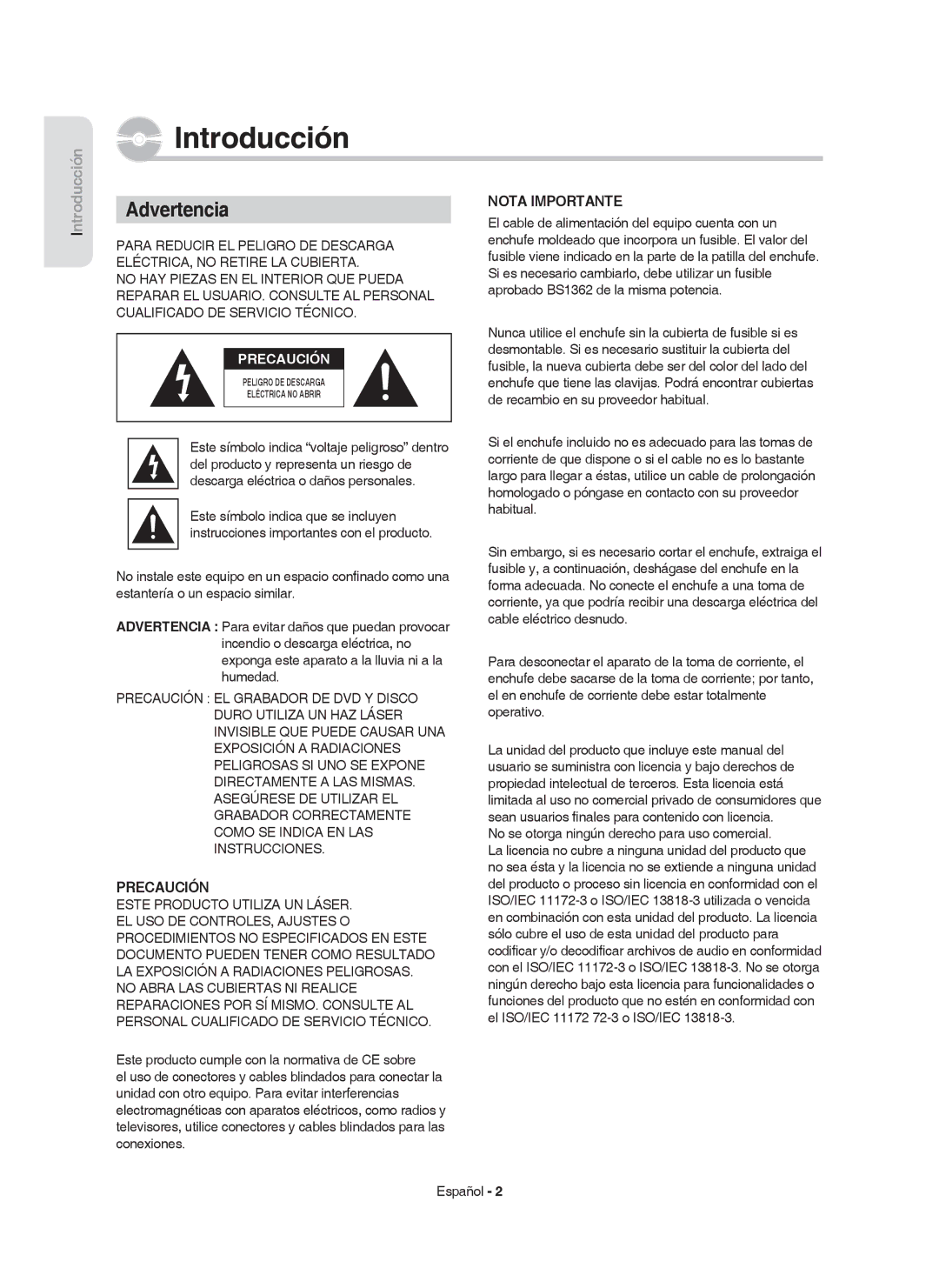 Samsung DVD-HR753/XEC, DVD-HR755/XEB, DVD-HR755/XEC, DVD-HR753/EUR, DVD-HR755/EUR manual Advertencia, Español 