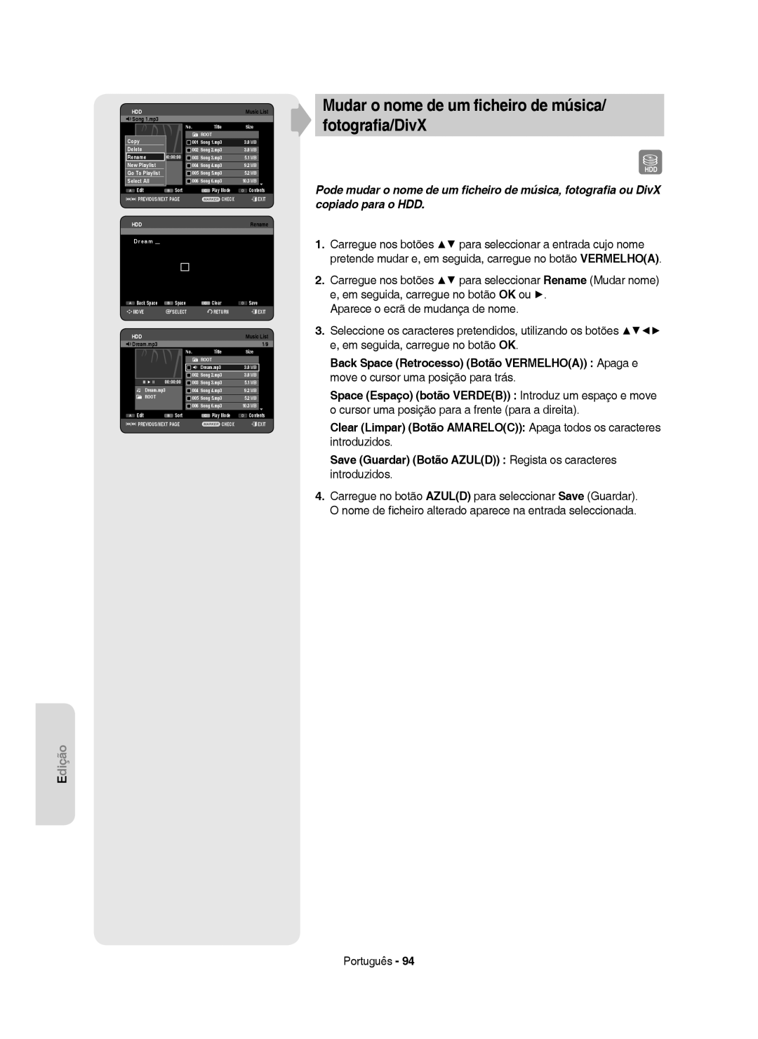 Samsung DVD-HR755/XEC, DVD-HR755/XEB manual Mudar o nome de um ﬁcheiro de música Fotograﬁa/DivX, New 9Playlist Song 1.mp3 