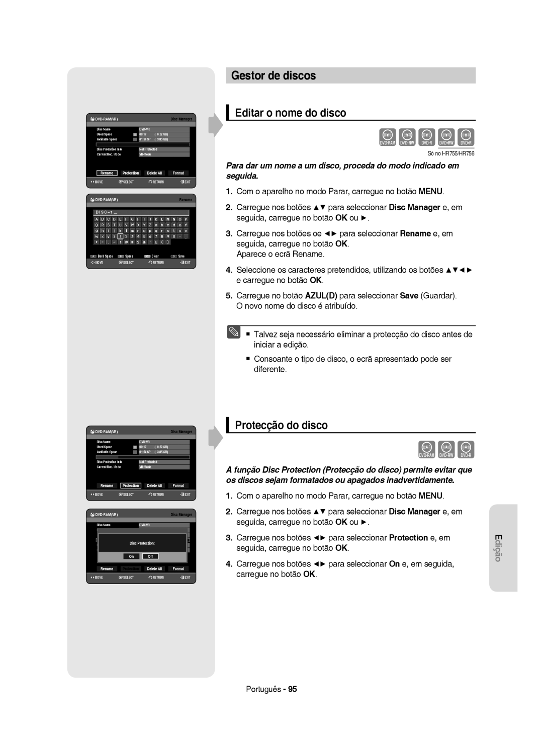 Samsung DVD-HR753/XEC Gestor de discos, Editar o nome do disco, Protecção do disco, Rename Protection Delete All Format 