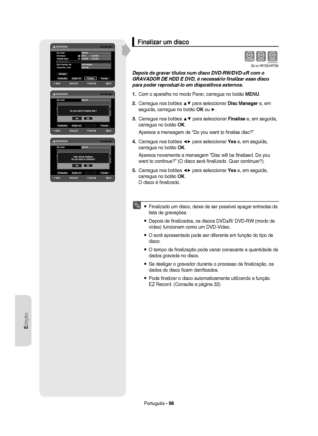 Samsung DVD-HR755/XEB, DVD-HR755/XEC, DVD-HR753/XEC, DVD-HR753/EUR manual Finalizar um disco, Delete All Finalise Format 