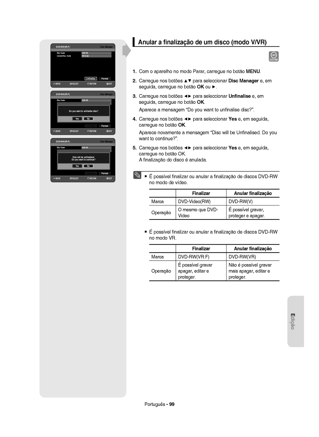 Samsung DVD-HR755/XEC manual Anular a ﬁnalização de um disco modo V/VR, Finalizar Anular ﬁnalização, Marca DVD-VideoRW 