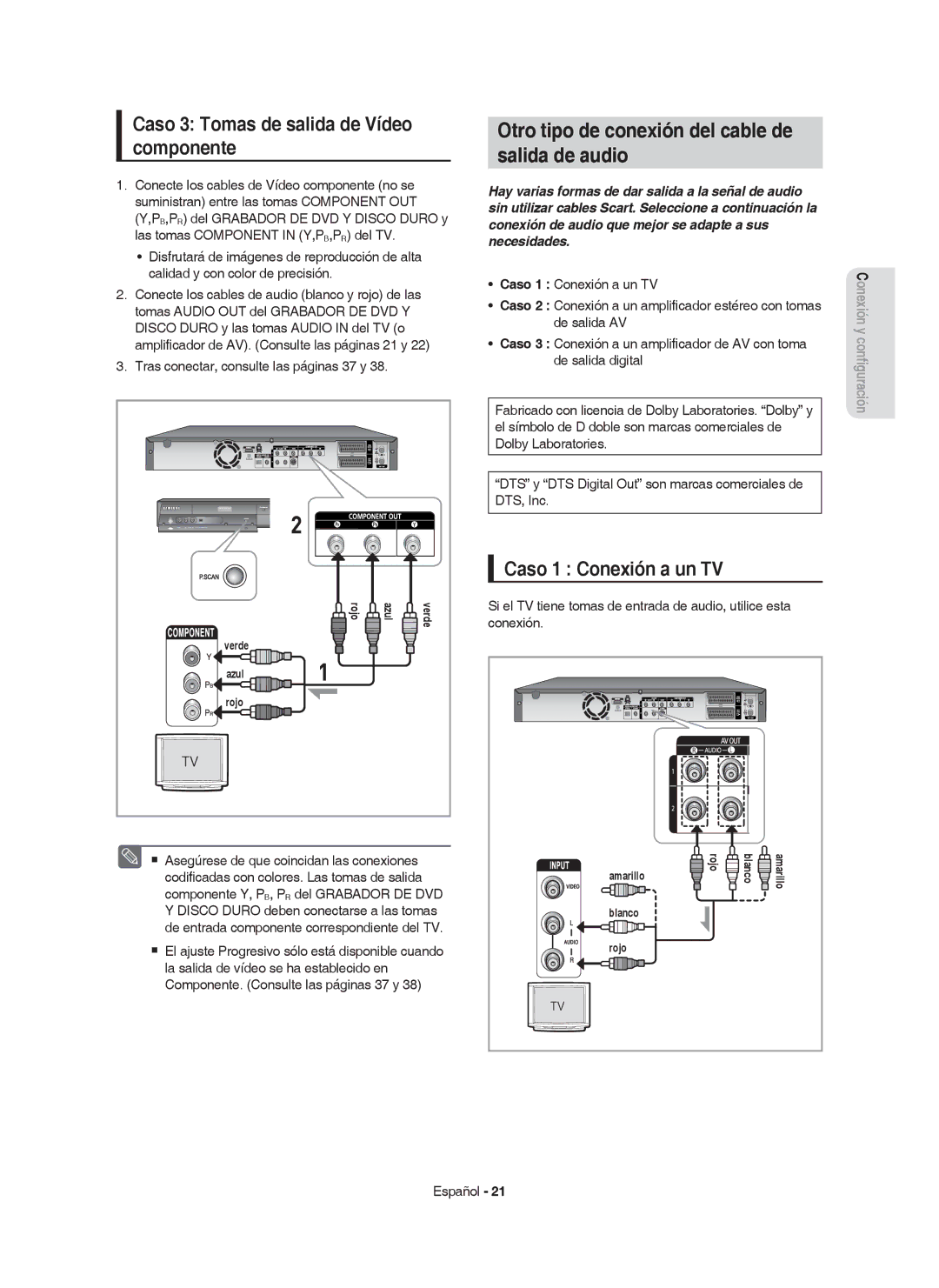 Samsung DVD-HR755/XEC manual Otro tipo de conexión del cable de Salida de audio, Caso 3 Tomas de salida de Vídeo componente 