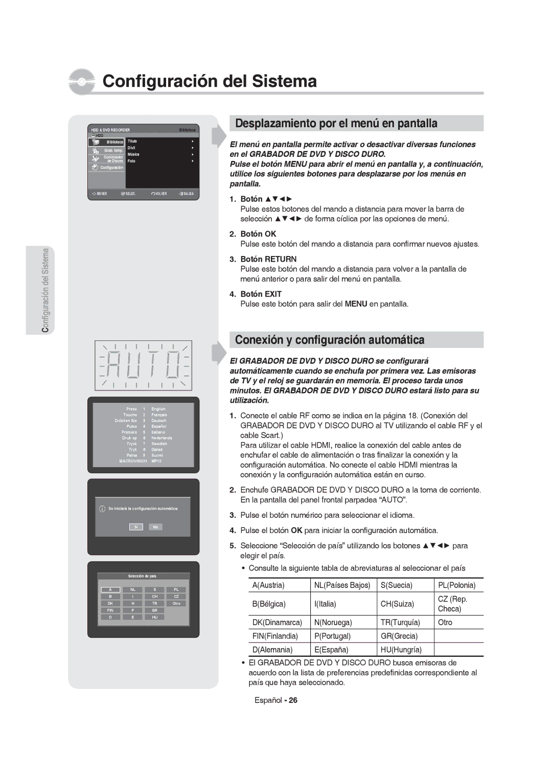 Samsung DVD-HR755/XEC manual Desplazamiento por el menú en pantalla, Conexión y conﬁguración automática, Botón OK 