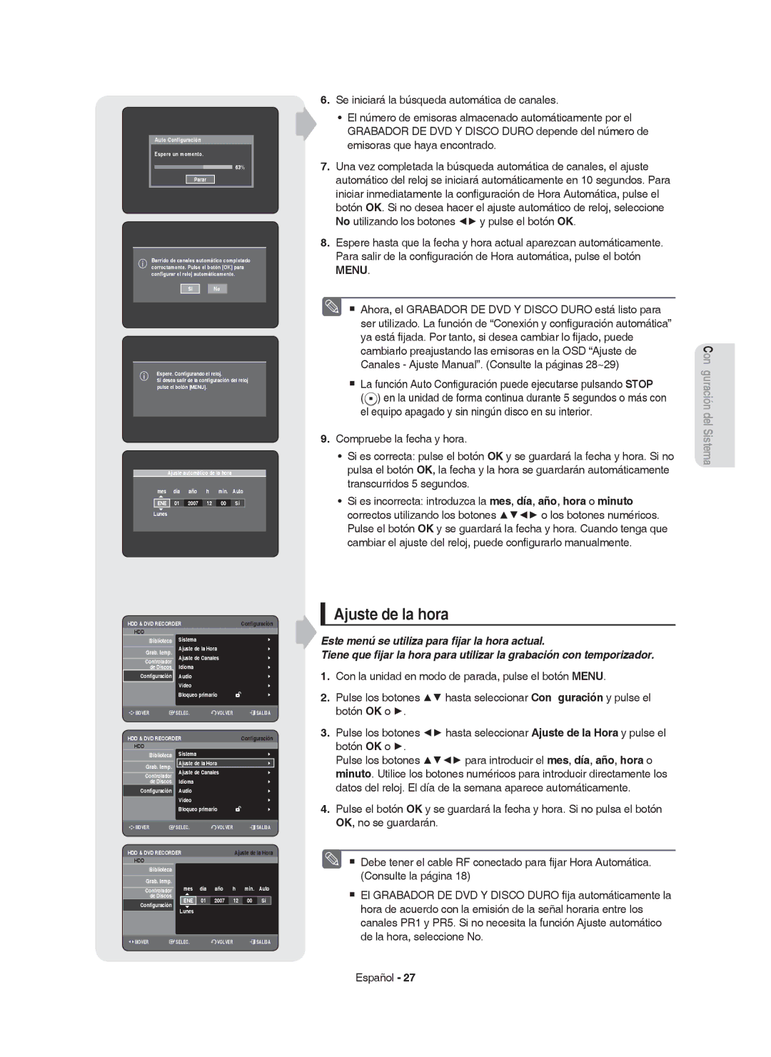 Samsung DVD-HR753/XEC, DVD-HR755/XEB, DVD-HR755/XEC, DVD-HR753/EUR, DVD-HR755/EUR manual Ajuste de la hora 