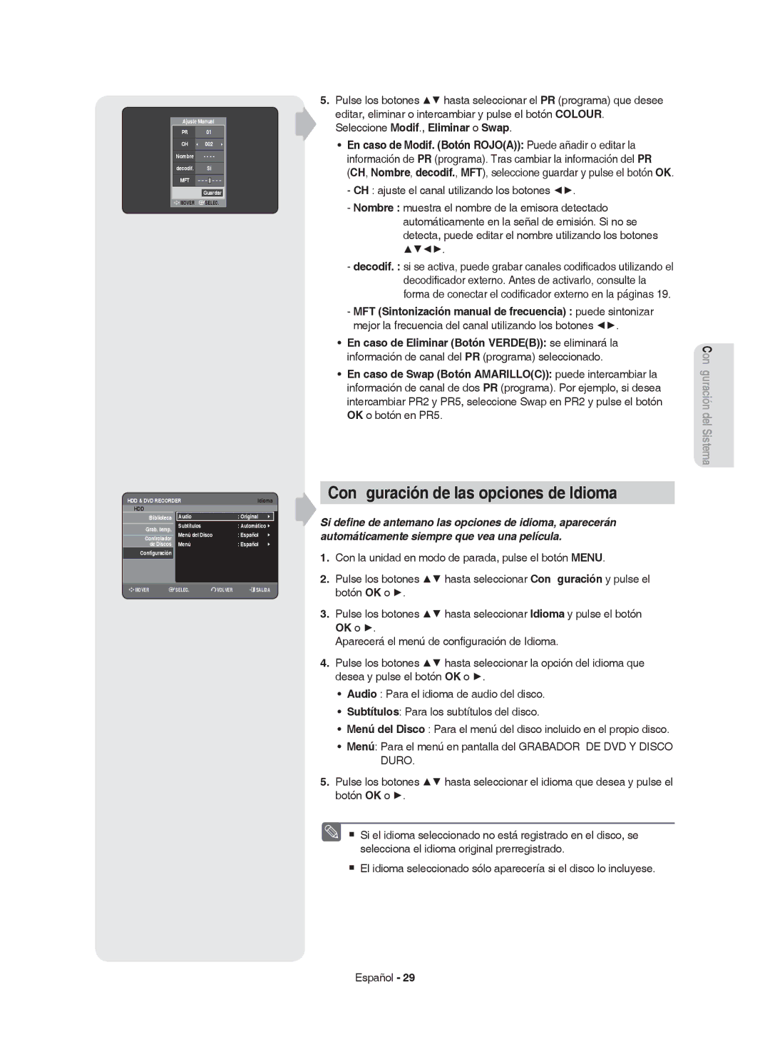 Samsung DVD-HR755/EUR, DVD-HR755/XEB manual Conﬁguración de las opciones de Idioma, Seleccione Modif., Eliminar o Swap 