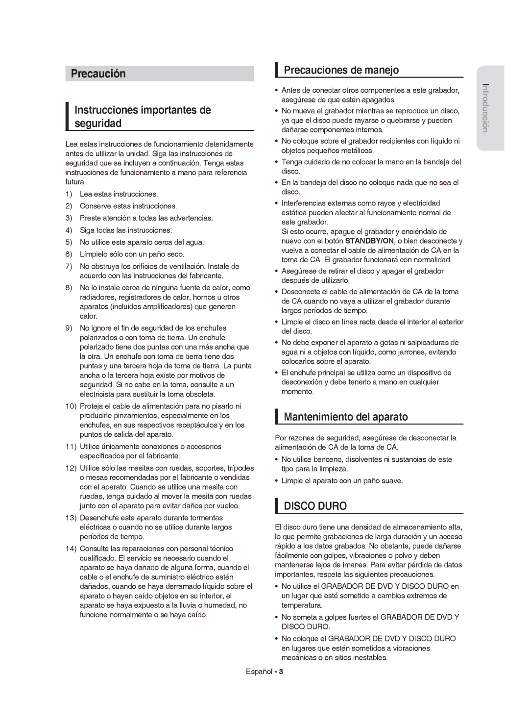 Samsung DVD-HR753/EUR, DVD-HR755/XEB manual Precaución, Precauciones de manejo, Instrucciones importantes de seguridad 