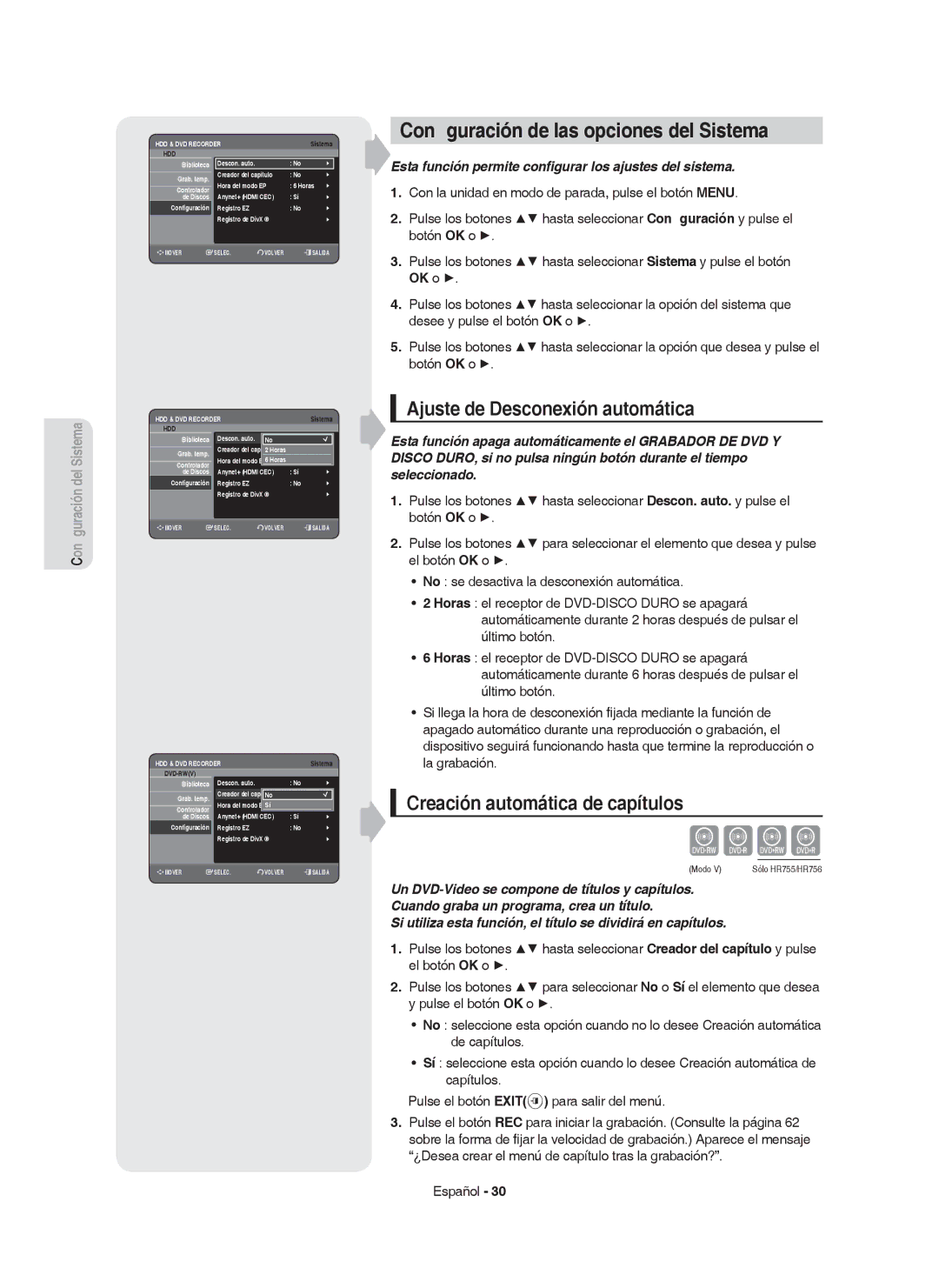 Samsung DVD-HR755/XEB, DVD-HR755/XEC manual Conﬁguración de las opciones del Sistema, Ajuste de Desconexión automática 