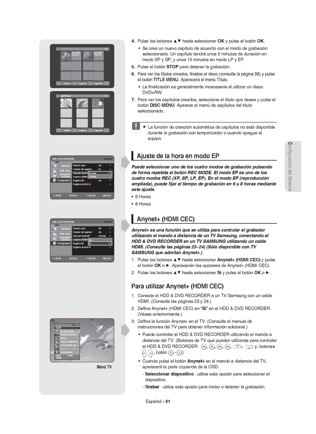 Samsung DVD-HR755/XEC, DVD-HR755/XEB manual Ajuste de la hora en modo EP, Para utilizar Anynet+ Hdmi CEC, Menú TV, Horas 