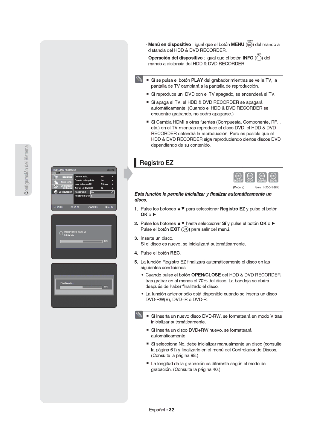 Samsung DVD-HR753/XEC, DVD-HR755/XEB manual Registro EZ, Anynet+ Hdmi CEC, Iniciar disco DVD-V Iniciando, Finalizando 