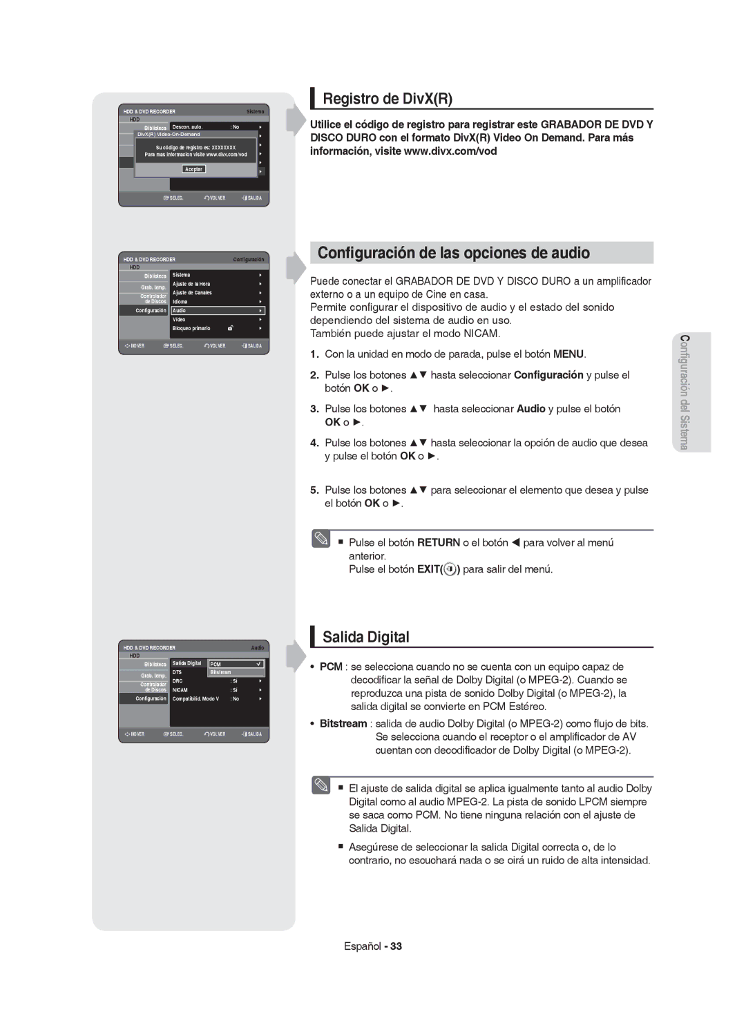 Samsung DVD-HR753/EUR, DVD-HR755/XEB manual Conﬁguración de las opciones de audio, Registro de DivXR, Salida Digital, OK o 