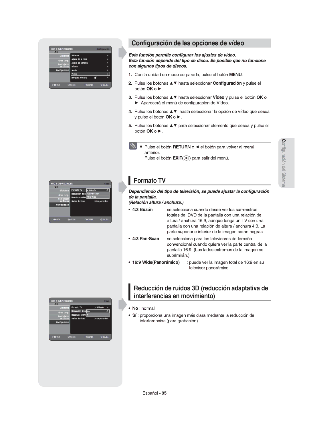 Samsung DVD-HR755/XEB, DVD-HR755/XEC, DVD-HR753/XEC, DVD-HR753/EUR manual Conﬁguración de las opciones de vídeo, Formato TV 