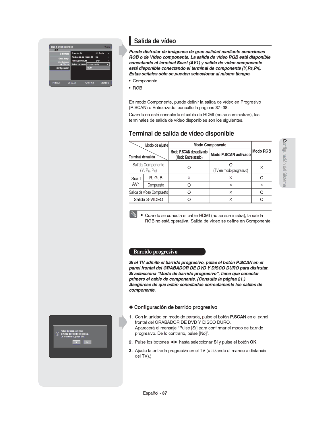 Samsung DVD-HR753/XEC manual Salida de vídeo, Terminal de salida de vídeo disponible, Conﬁguración de barrido progresivo 