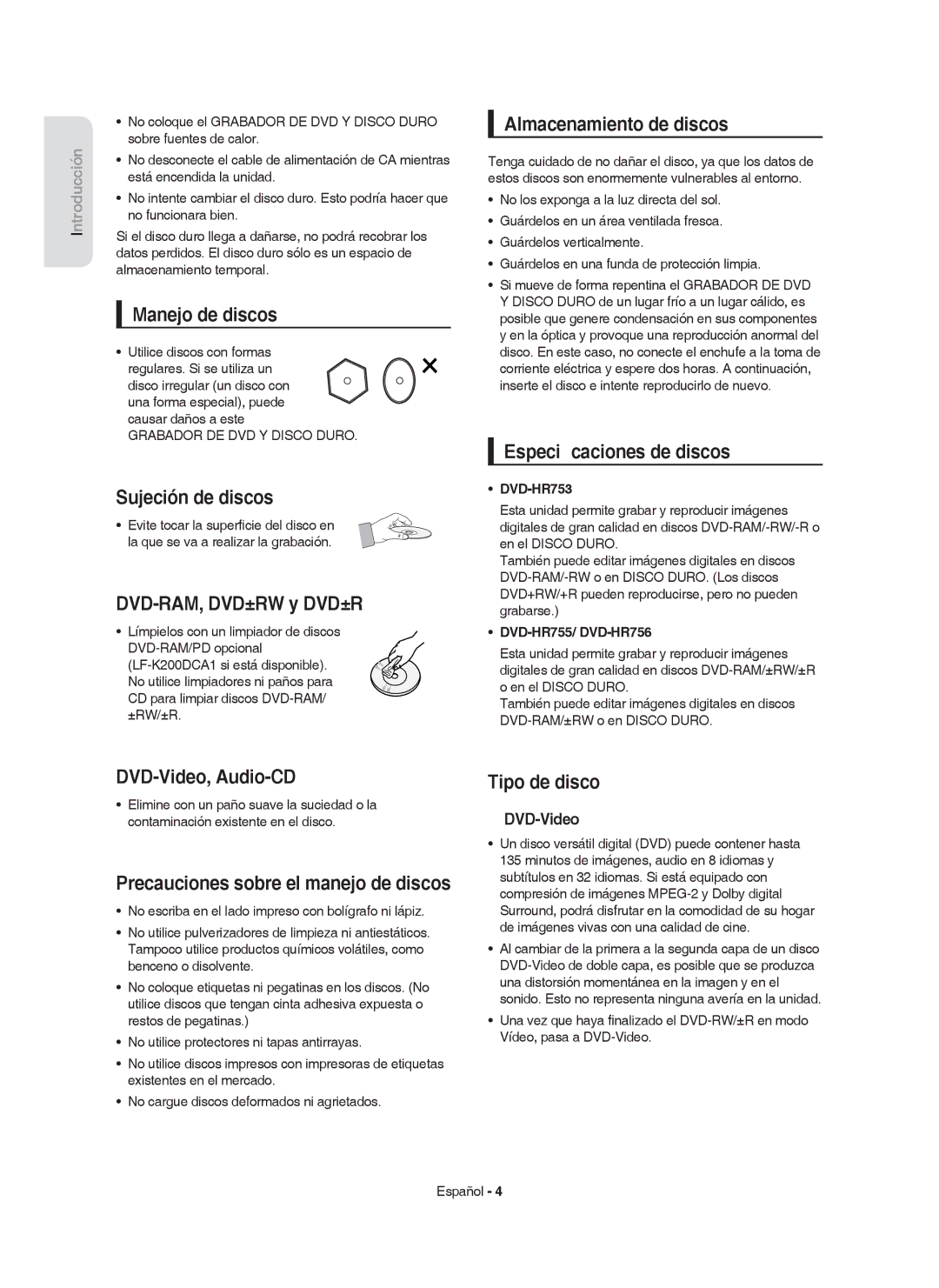 Samsung DVD-HR755/EUR manual Manejo de discos, Sujeción de discos, DVD-RAM, DVD±RW y DVD±R, Almacenamiento de discos 