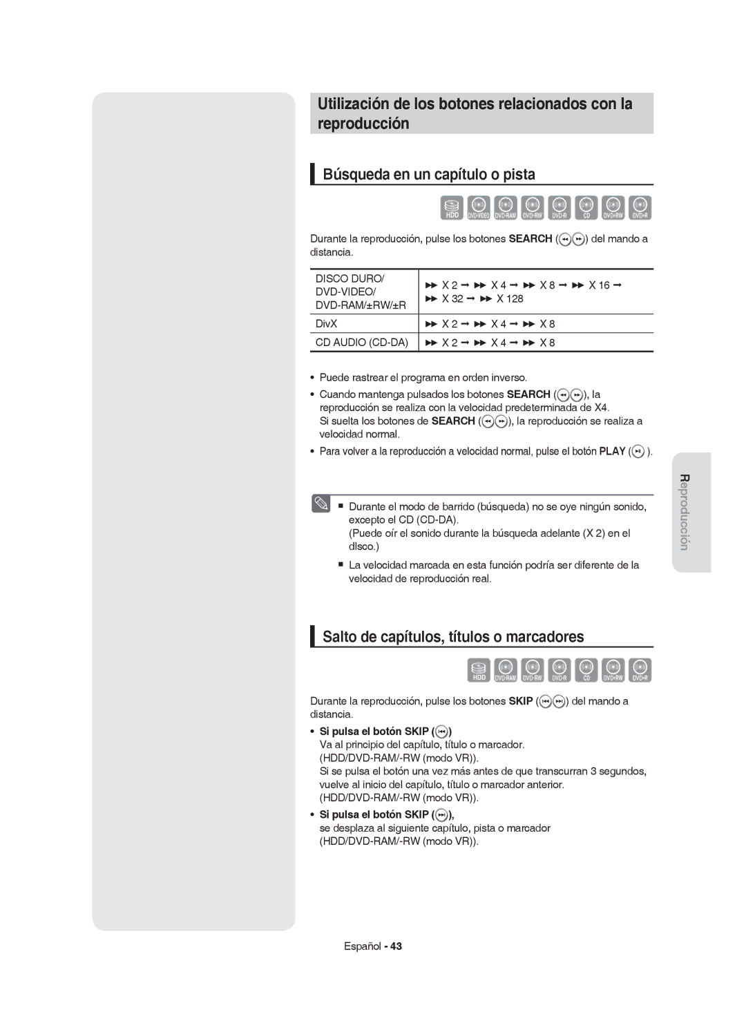 Samsung DVD-HR753/EUR manual Utilización de los botones relacionados con la Reproducción, Búsqueda en un capítulo o pista 