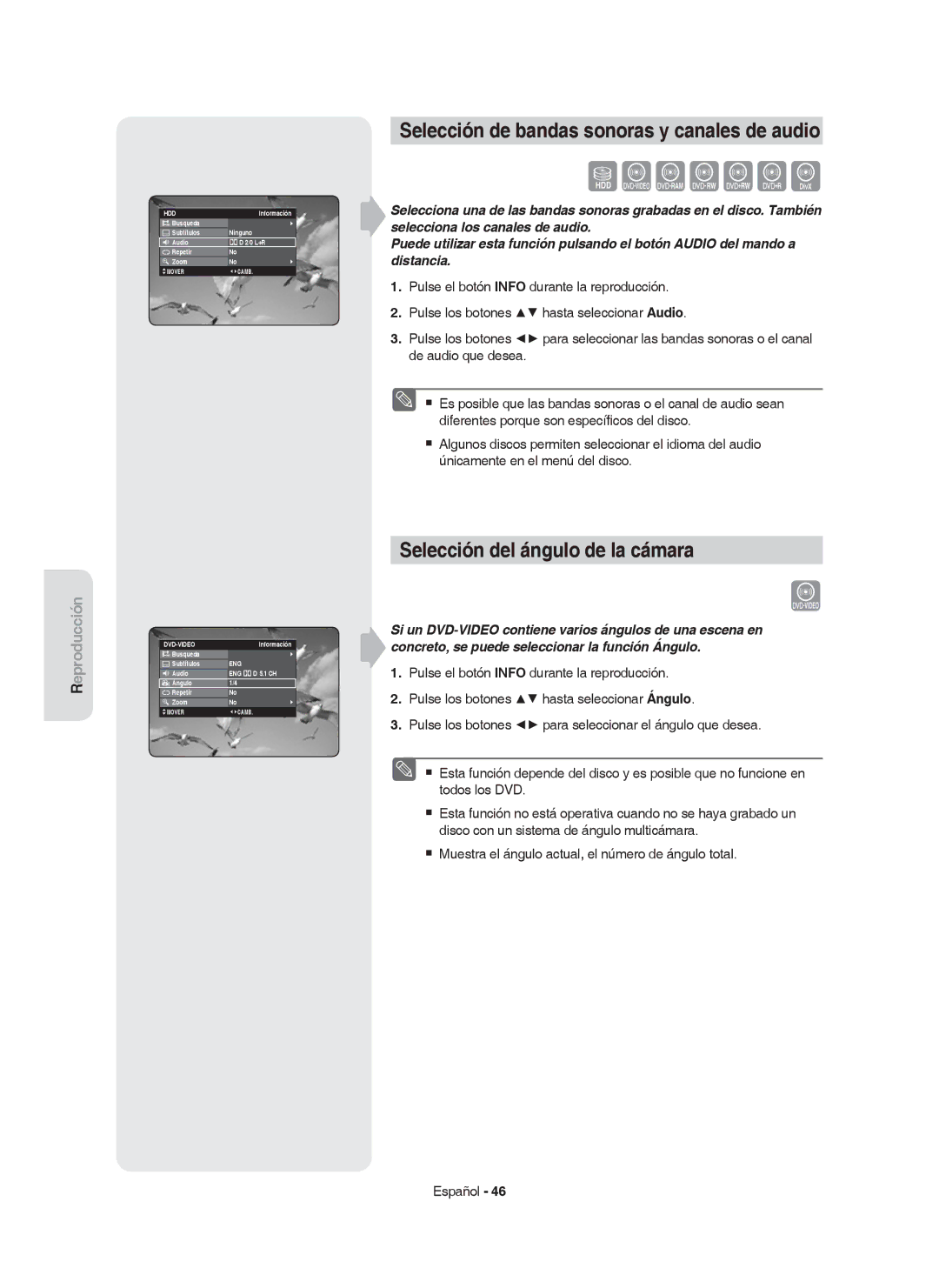 Samsung DVD-HR755/XEC, DVD-HR755/XEB Selección de bandas sonoras y canales de audio, Selección del ángulo de la cámara 