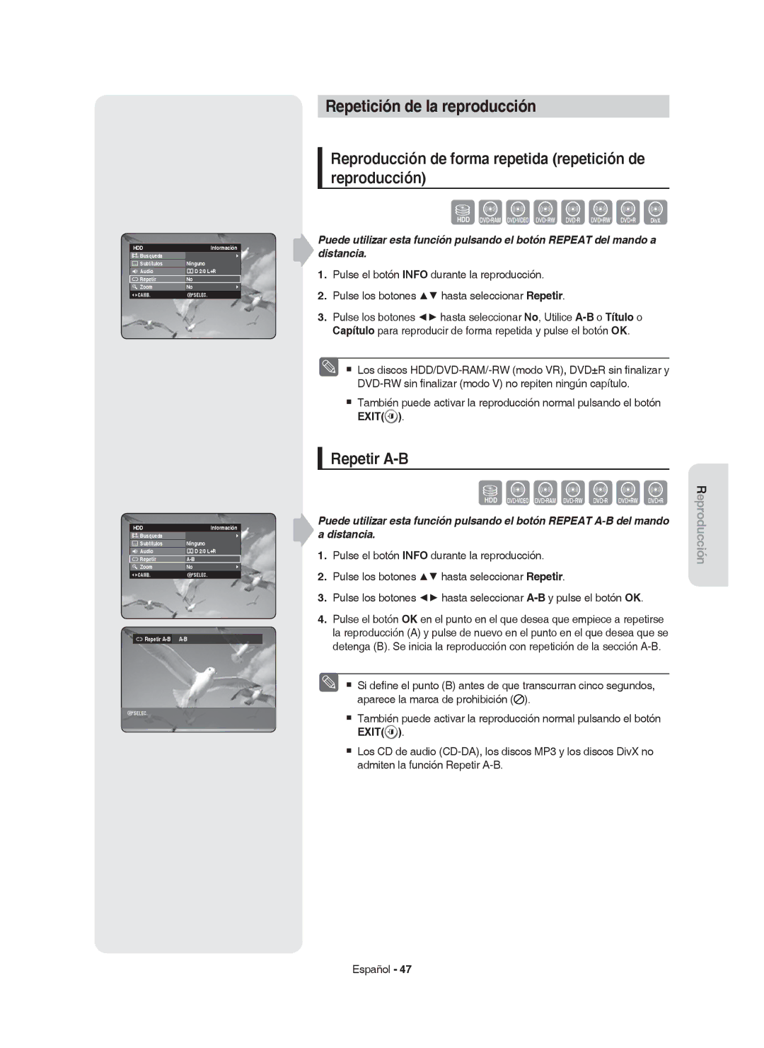 Samsung DVD-HR753/XEC manual Repetición de la reproducción, Reproducción de forma repetida repetición de reproducción 