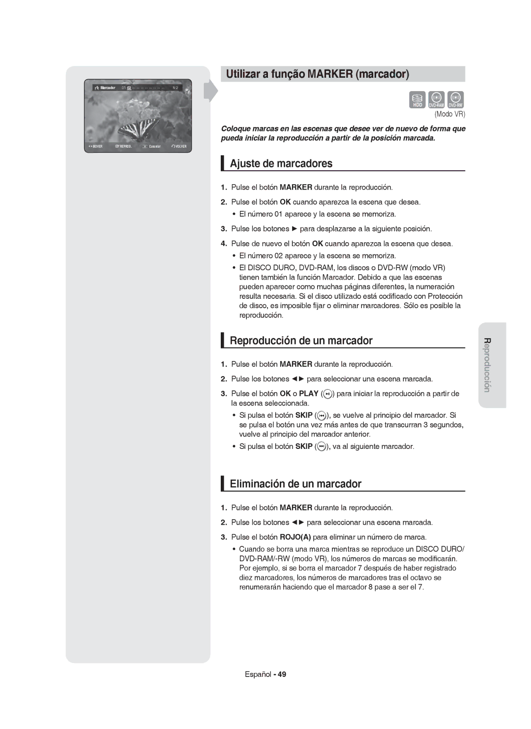 Samsung DVD-HR755/EUR manual Utilizar a função Marker marcador, Ajuste de marcadores, Reproducción de un marcador, Modo VR 