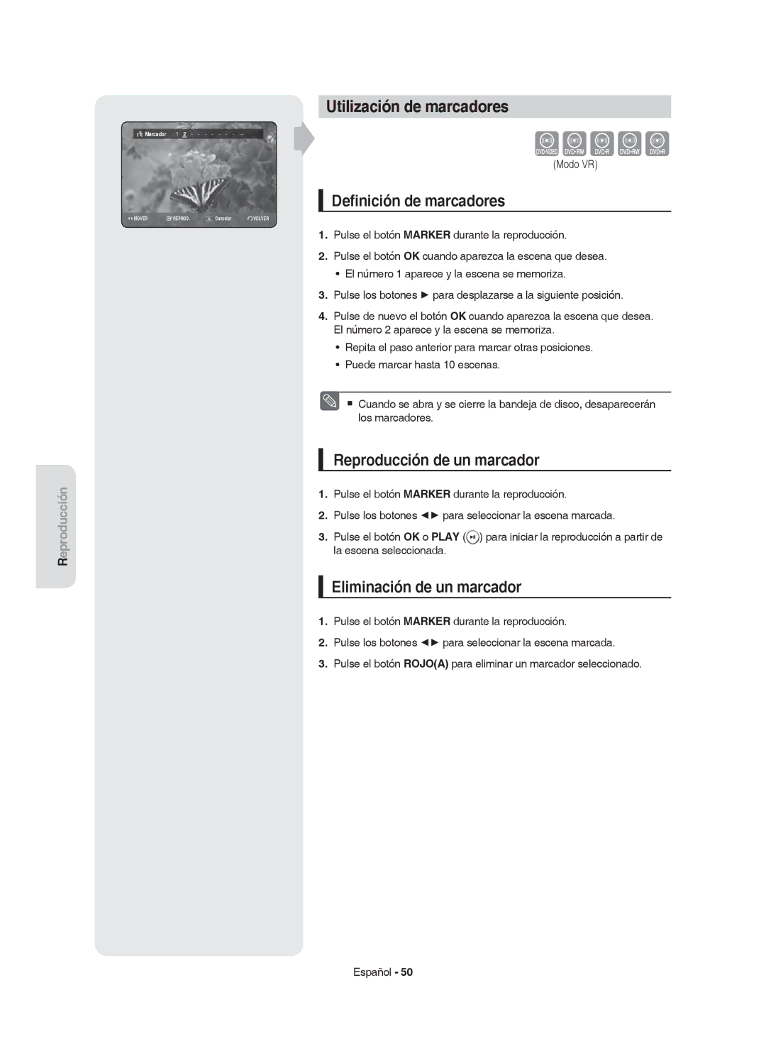 Samsung DVD-HR755/XEB, DVD-HR755/XEC, DVD-HR753/XEC manual Utilización de marcadores, Deﬁnición de marcadores, Marcador 1 