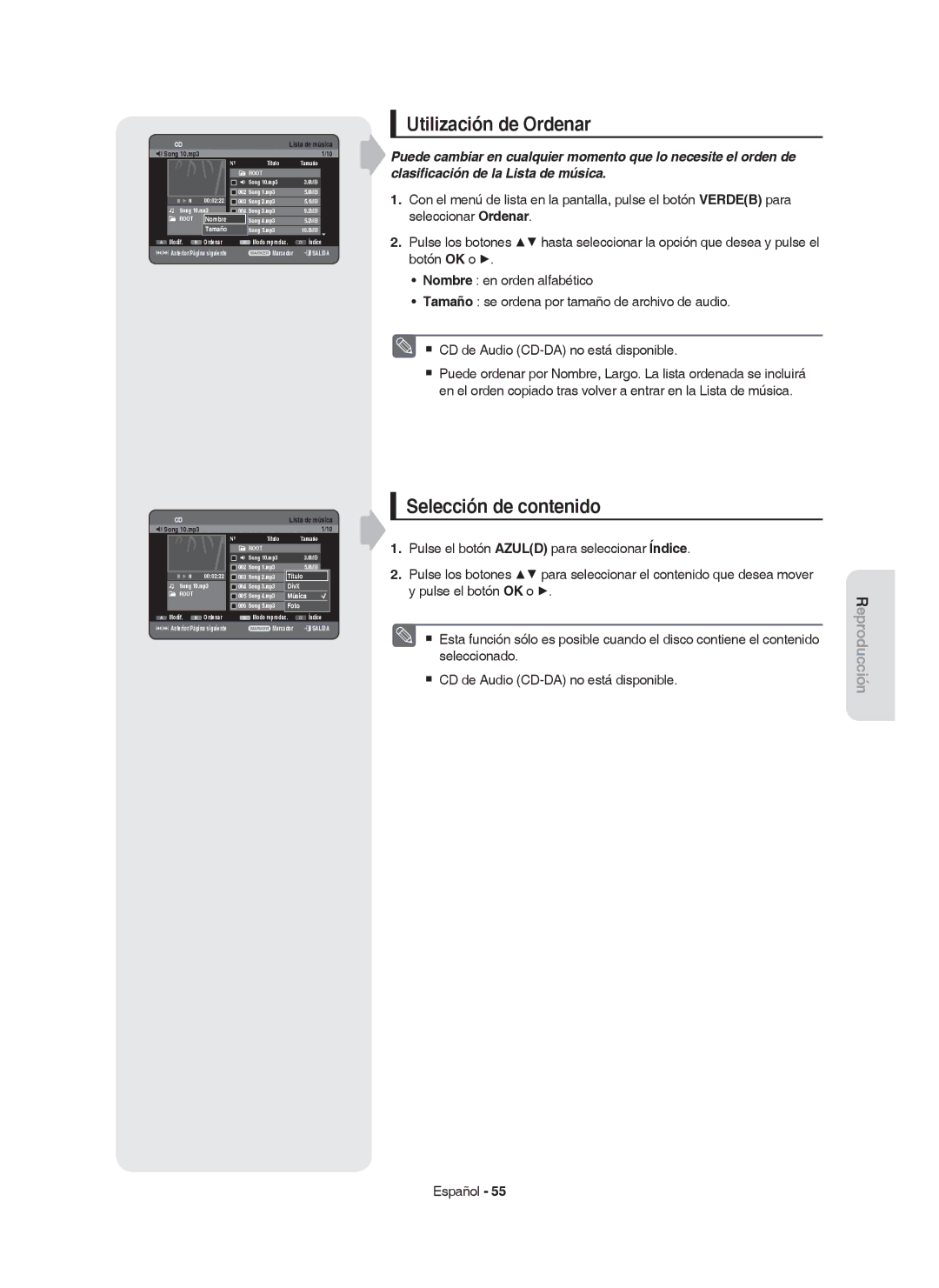 Samsung DVD-HR755/XEB, DVD-HR755/XEC, DVD-HR753/XEC, DVD-HR753/EUR manual Utilización de Ordenar, Selección de contenido 