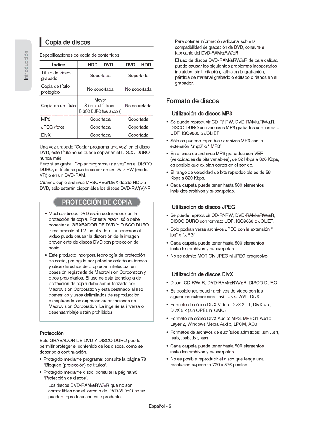 Samsung DVD-HR755/XEC manual Copia de discos, Formato de discos, Utilización de discos MP3, Utilización de discos Jpeg 