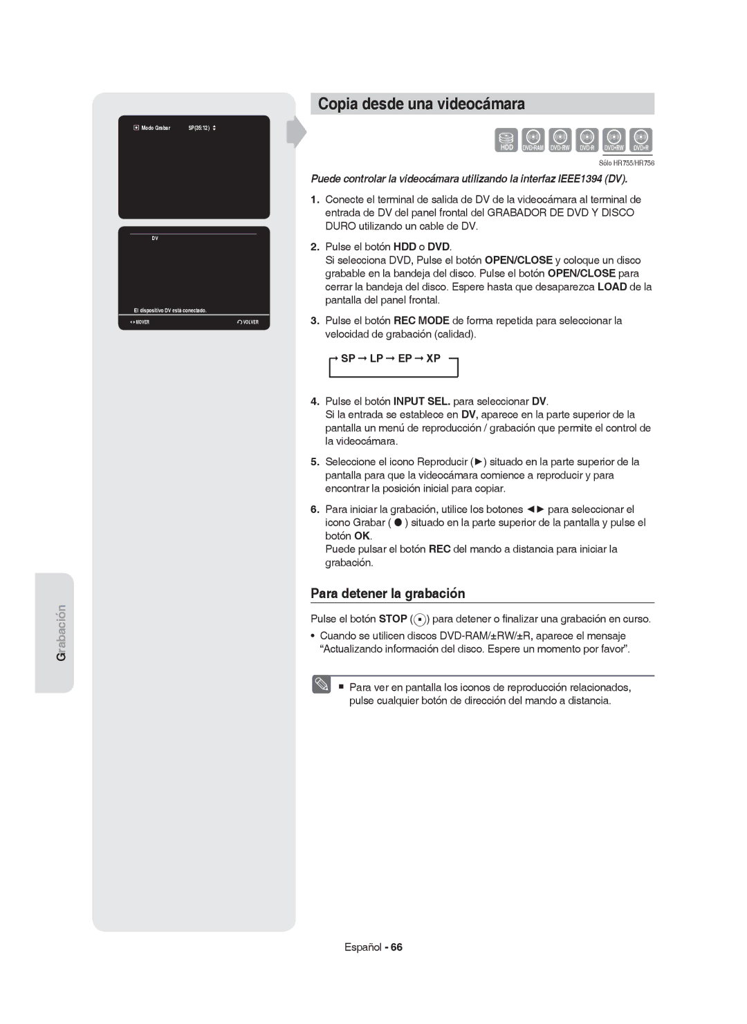 Samsung DVD-HR755/XEC, DVD-HR755/XEB manual Copia desde una videocámara, Velocidad de grabación calidad, Modo Grabar 