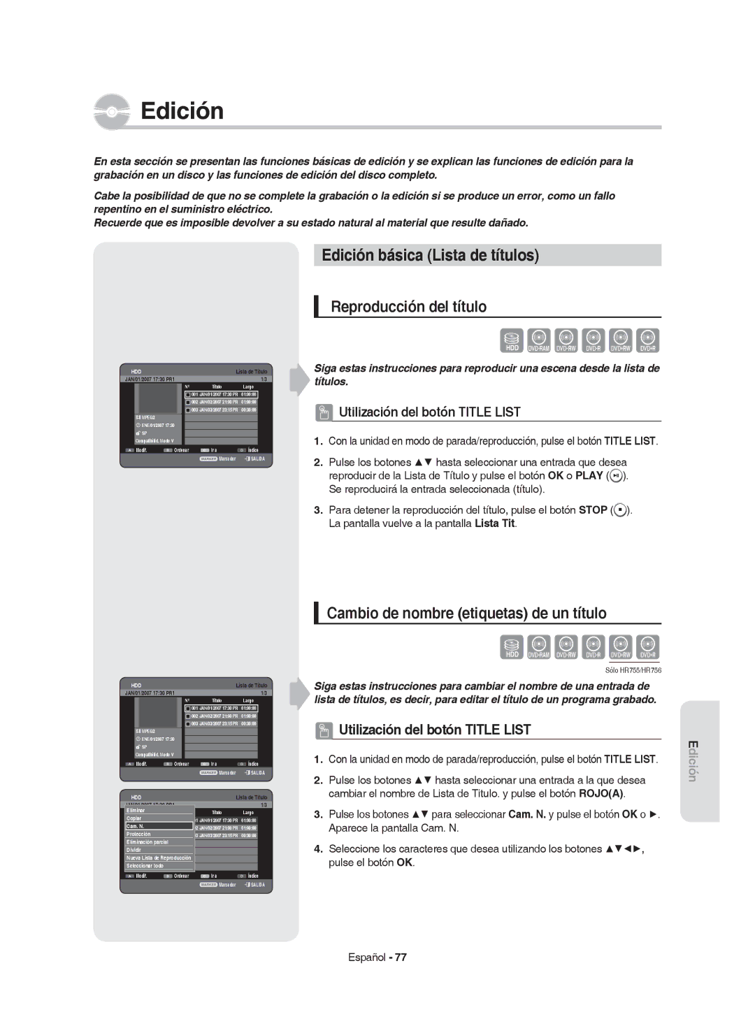 Samsung DVD-HR753/XEC Edición básica Lista de títulos, Reproducción del título, Cambio de nombre etiquetas de un título 