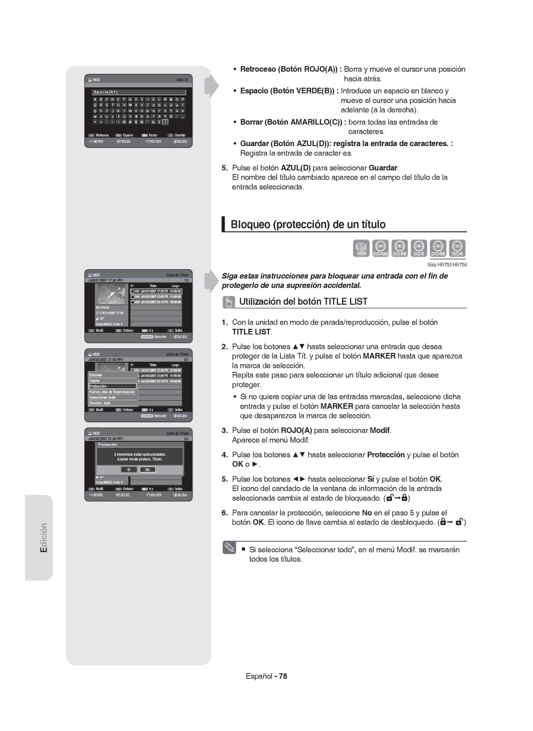 Samsung DVD-HR753/EUR, DVD-HR755/XEB, DVD-HR755/XEC manual Bloqueo protección de un título, SportsA1, Seleccionar1 SP todo 