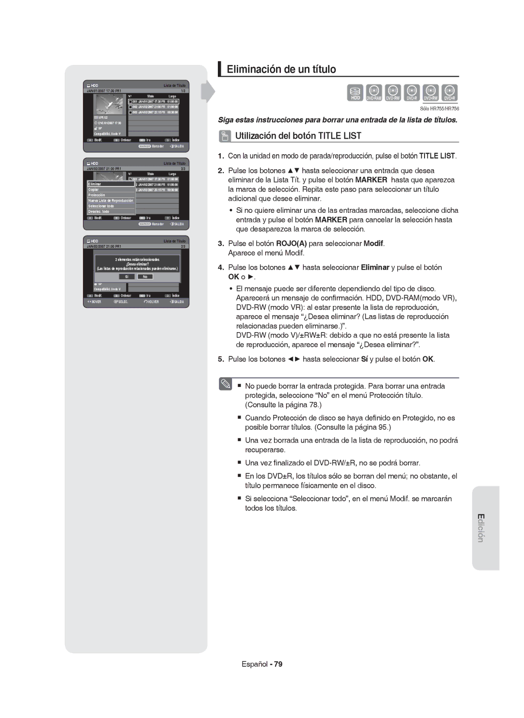 Samsung DVD-HR755/EUR, DVD-HR755/XEB, DVD-HR755/XEC, DVD-HR753/XEC, DVD-HR753/EUR Eliminación de un título, ¿Desea eliminar? 