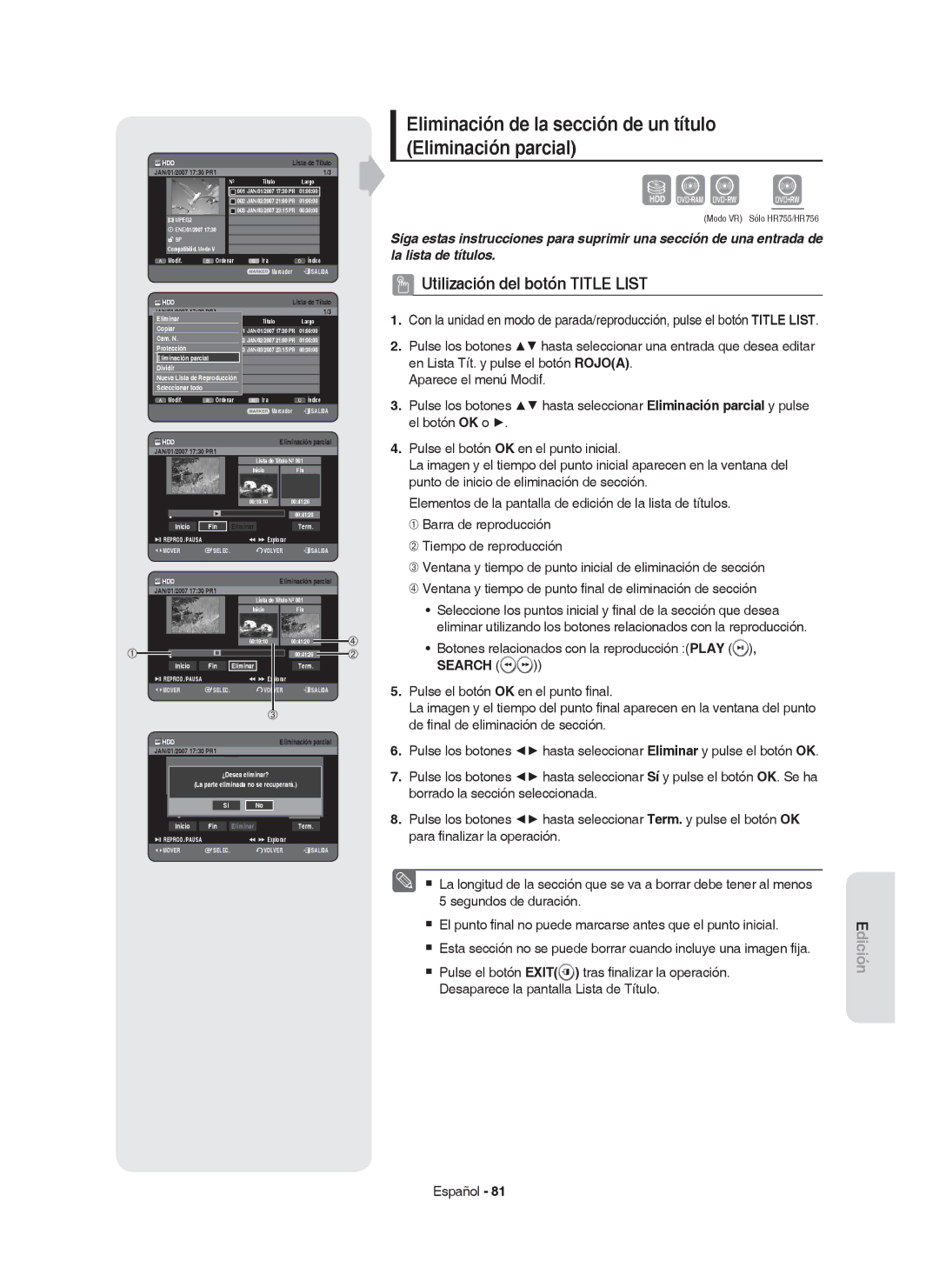 Samsung DVD-HR755/XEC, DVD-HR755/XEB, DVD-HR753/XEC manual Eliminación de la sección de un título Eliminación parcial, Search 