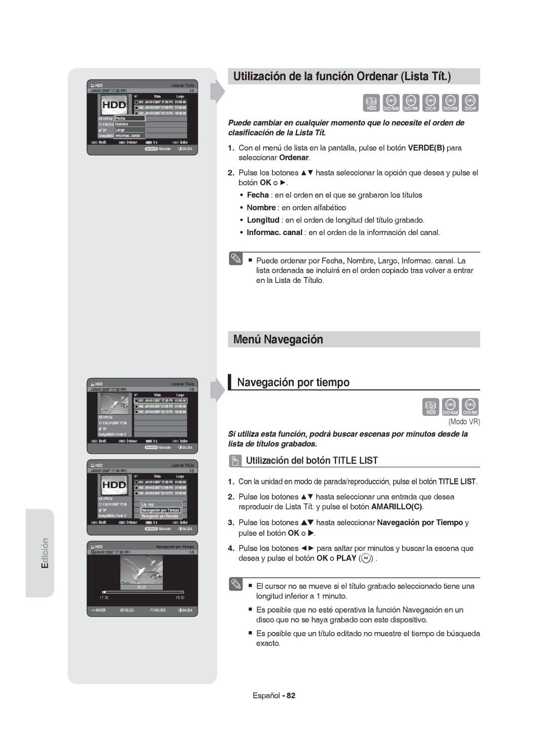 Samsung DVD-HR753/XEC manual Utilización de la función Ordenar Lista Tít, Menú Navegación, Navegación por tiempo, Largo 