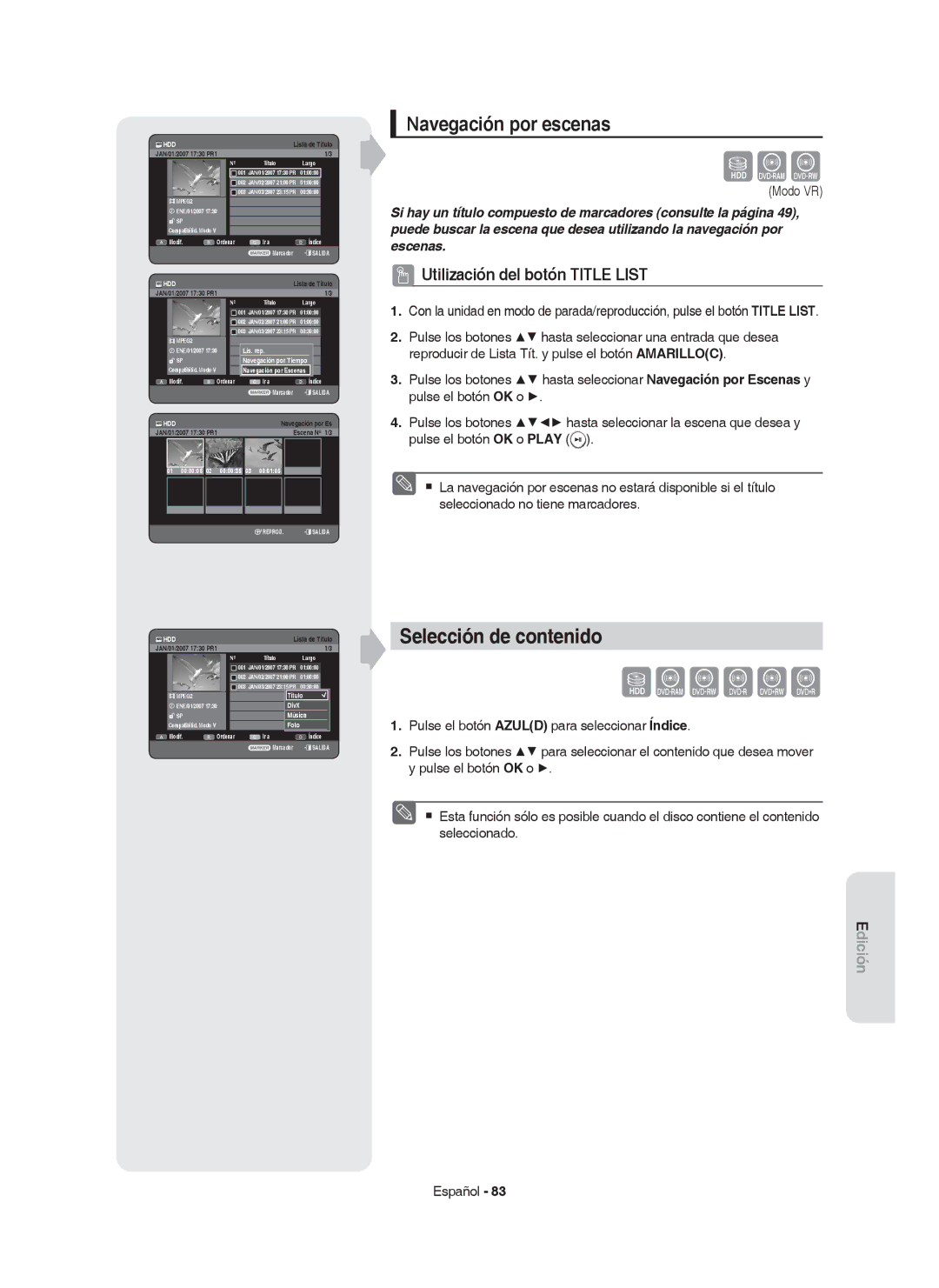 Samsung DVD-HR753/EUR, DVD-HR755/XEB, DVD-HR755/XEC Selección de contenido, Navegación por escenas, 01 000005 02 000035 03 