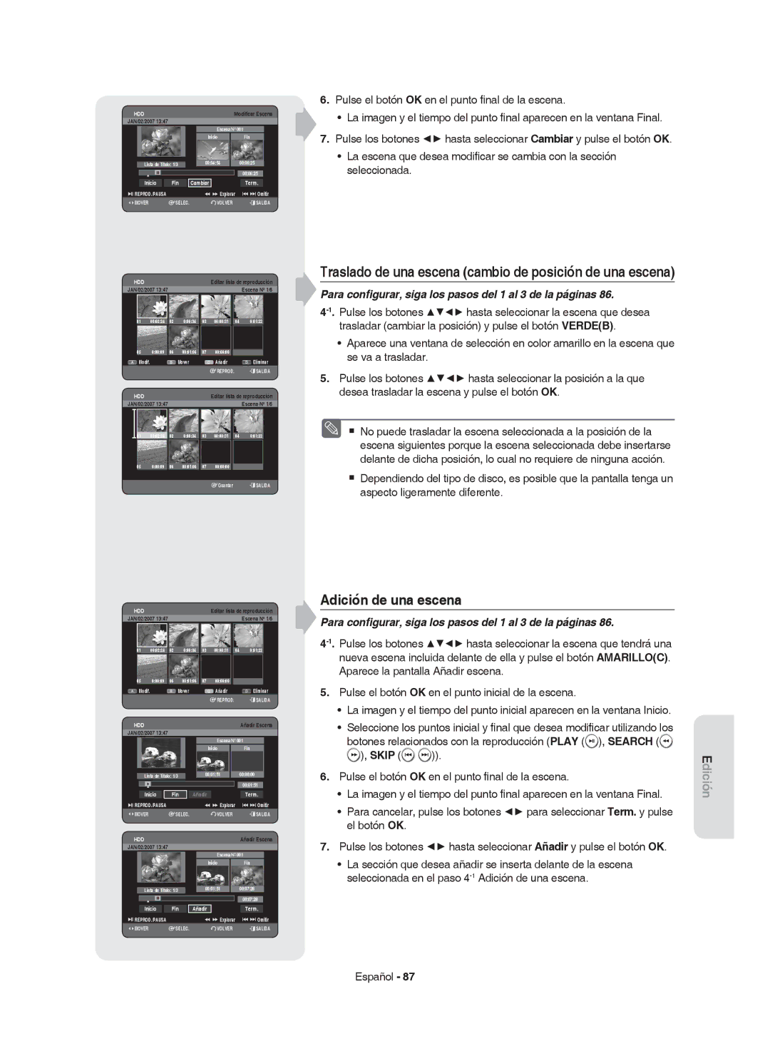 Samsung DVD-HR753/XEC, DVD-HR755/XEB manual Traslado de una escena cambio de posición de una escena, Inicio Fin Añadir Term 