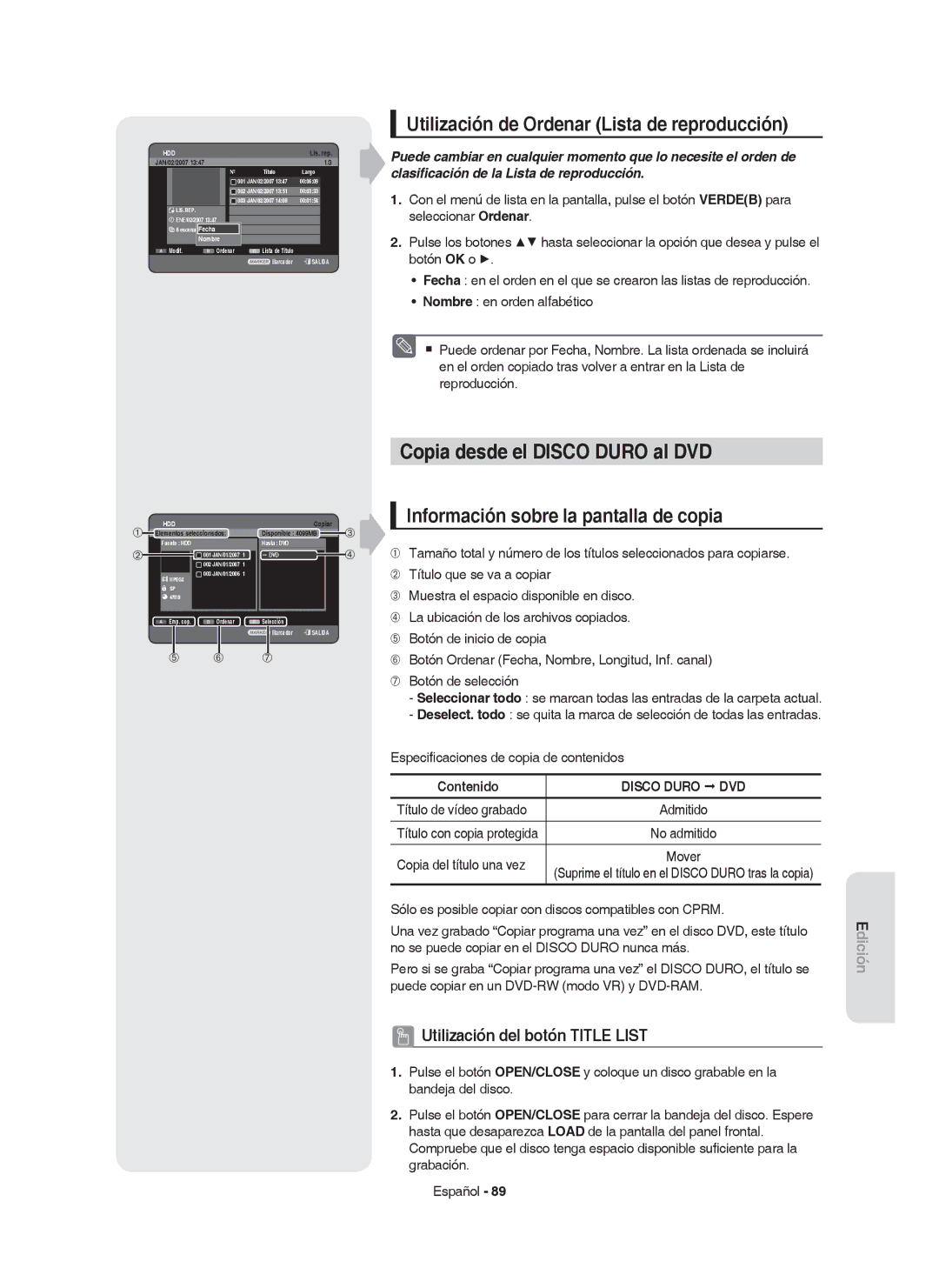 Samsung DVD-HR755/EUR manual Copia desde el Disco Duro al DVD, Utilización de Ordenar Lista de reproducción, Contenido 