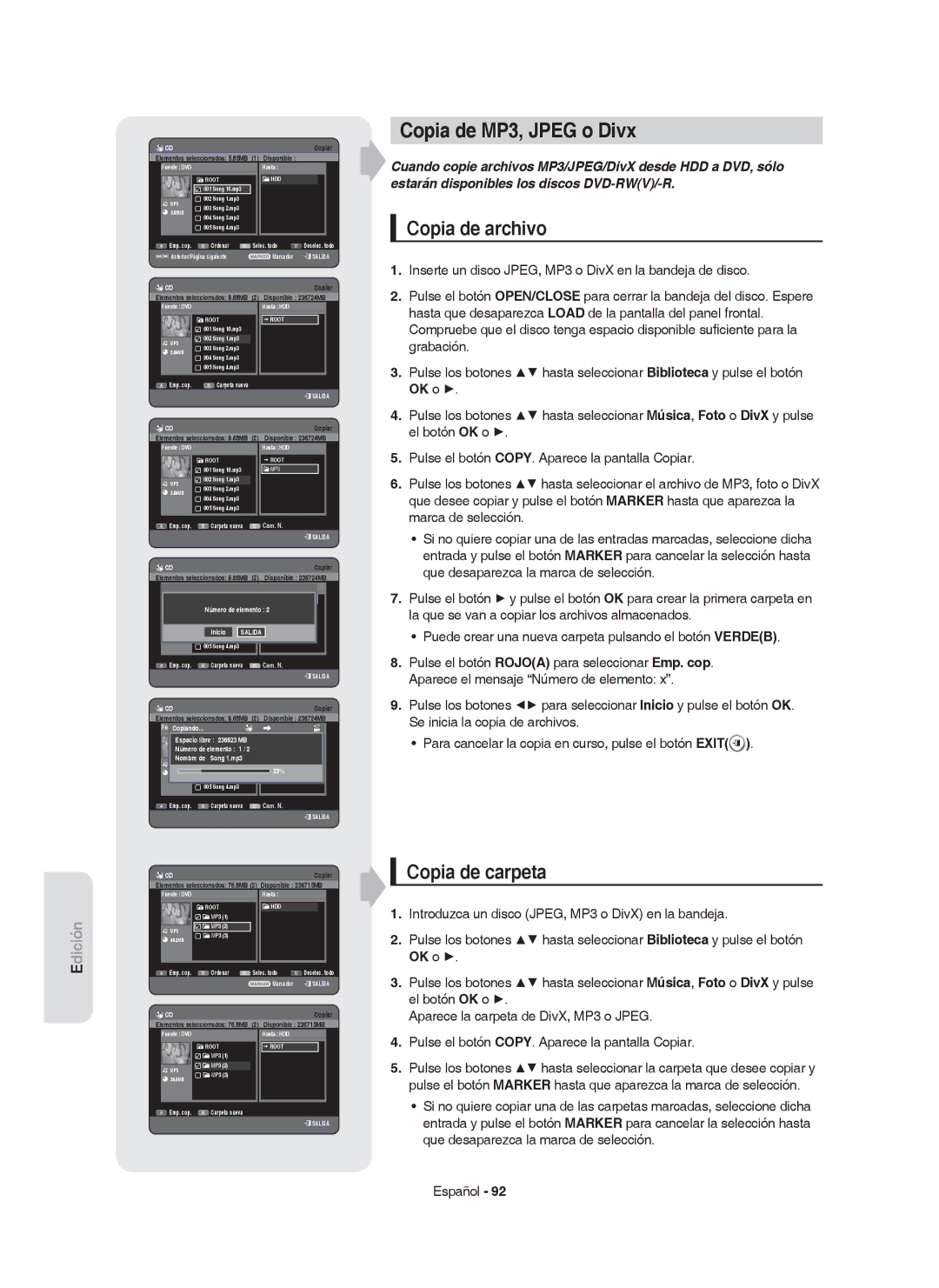 Samsung DVD-HR753/XEC, DVD-HR755/XEB, DVD-HR755/XEC manual Copia de MP3, Jpeg o Divx, Copia de archivo, Copia de carpeta 