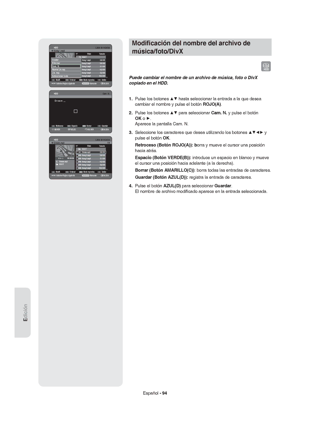 Samsung DVD-HR755/EUR, DVD-HR755/XEB, DVD-HR755/XEC manual Modiﬁcación del nombre del archivo de Música/foto/DivX, Dream 