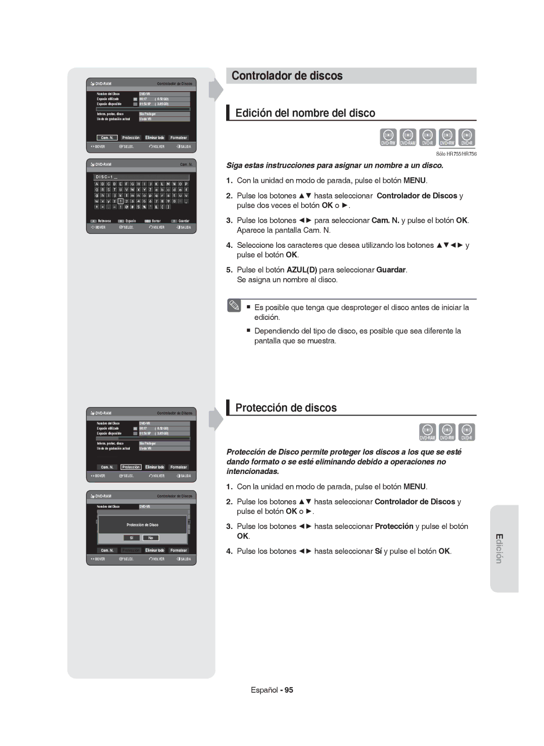 Samsung DVD-HR755/XEB, DVD-HR755/XEC manual Controlador de discos, Edición del nombre del disco, Protección de discos 