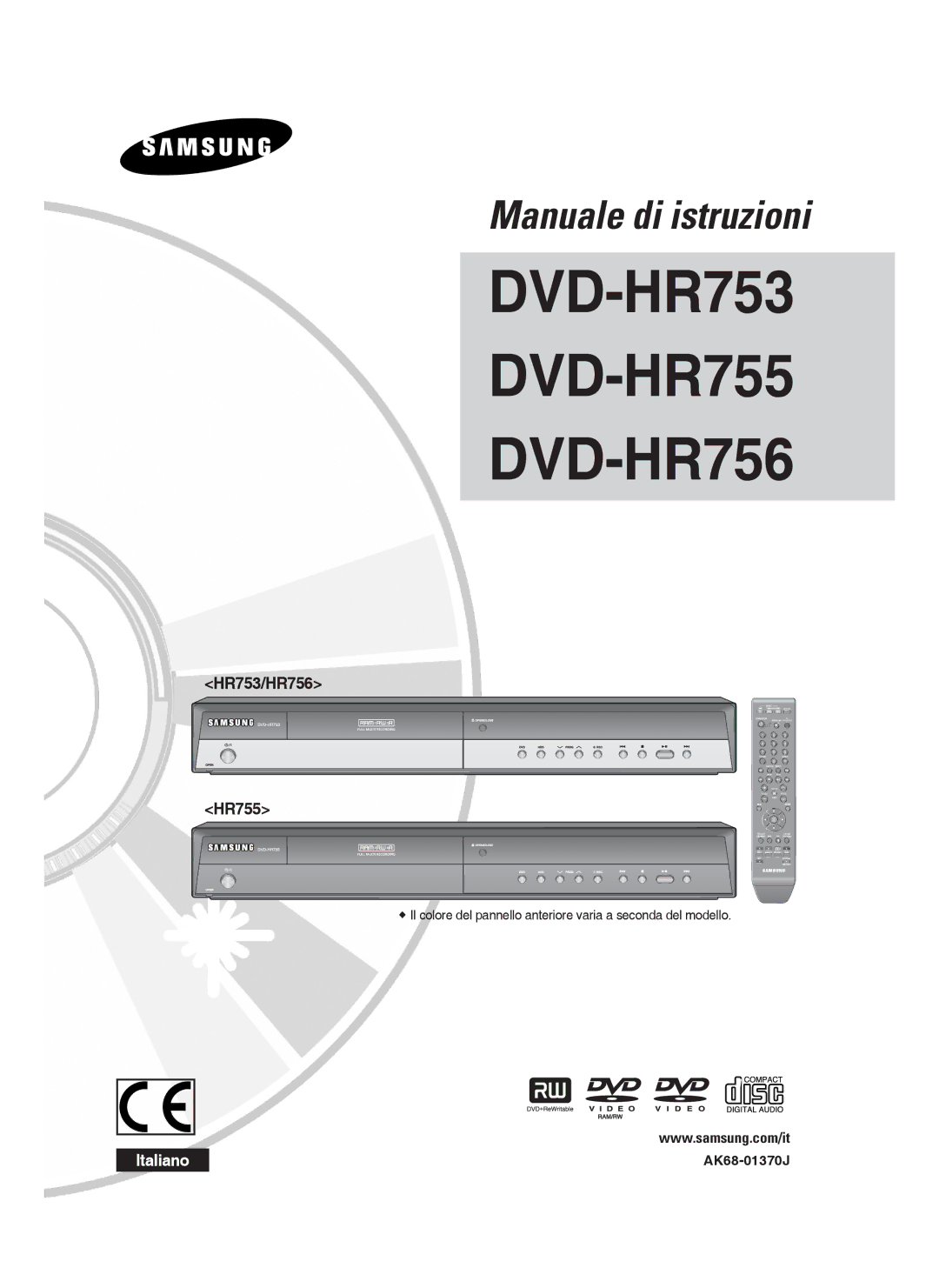 Samsung DVD-HR753/XEB manual HR753/HR756 HR755,  Die Farbe der Gerätevorderseite ist modellabhängig, AK68-01370D 