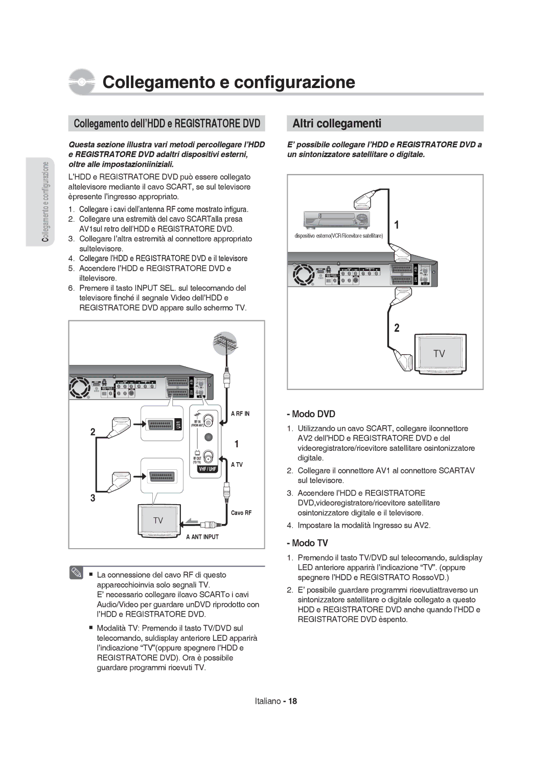 Samsung DVD-HR753/XET, DVD-HR755/XEB manual Altri collegamenti, Collegamento dell’HDD e Registratore DVD, Modo DVD, Modo TV 