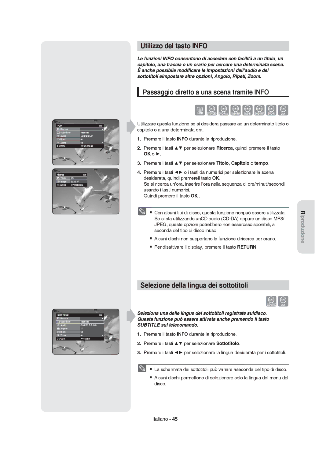 Samsung DVD-HR755/XEF, DVD-HR755/XEB, DVD-HR753/XET manual Utilizzo del tasto Info, Selezione della lingua dei sottotitoli 