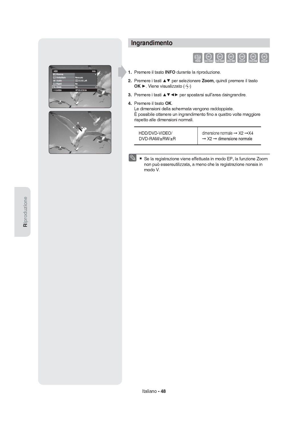 Samsung DVD-HR755/XEB manual Ingrandimento, Hdd/Dvd-Video, Dimensione normale X2, Dvd-Ram/±Rw/±R, X2 dimensione normale 