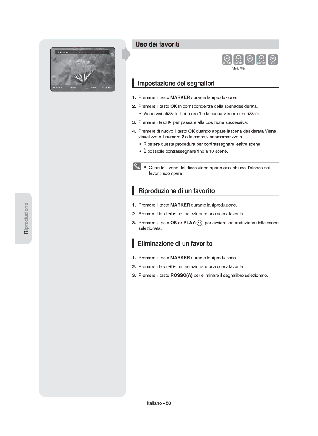 Samsung DVD-HR753/XET, DVD-HR755/XEB Zcvkl, Uso dei favoriti, Impostazione dei segnalibri, Riproduzione di un favorito 