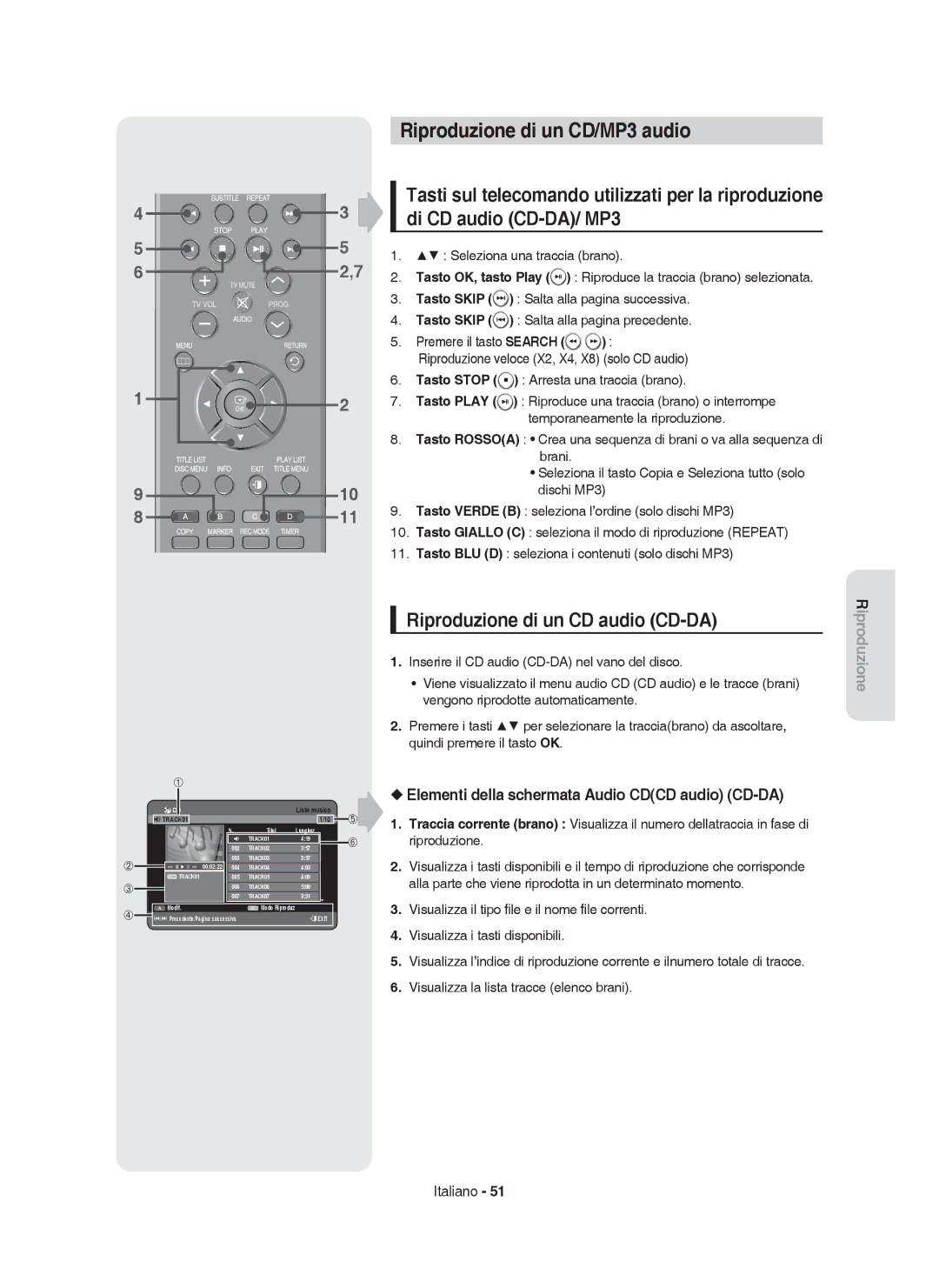 Samsung DVD-HR755/XET, DVD-HR755/XEB, DVD-HR755/XEF manual Riproduzione di un CD/MP3 audio, Riproduzione di un CD audio CD-DA 