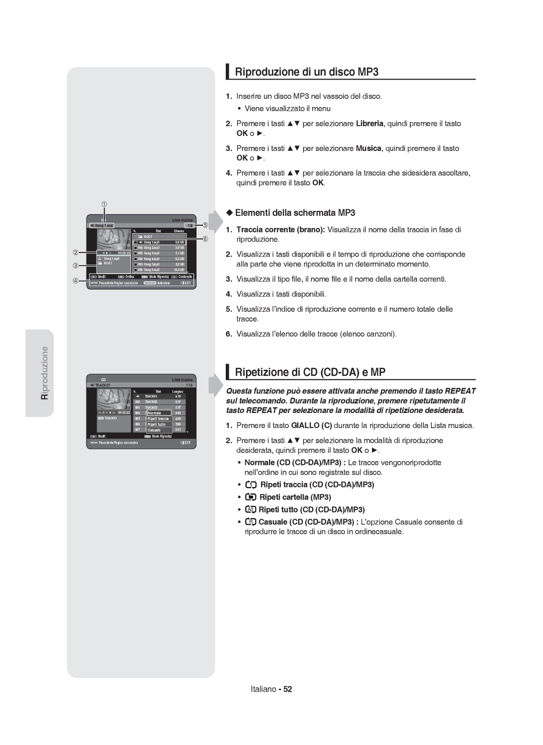 Samsung DVD-HR755/XEB manual Riproduzione di un disco MP3, Ripetizione di CD CD-DA e MP, Elementi della schermata MP3 