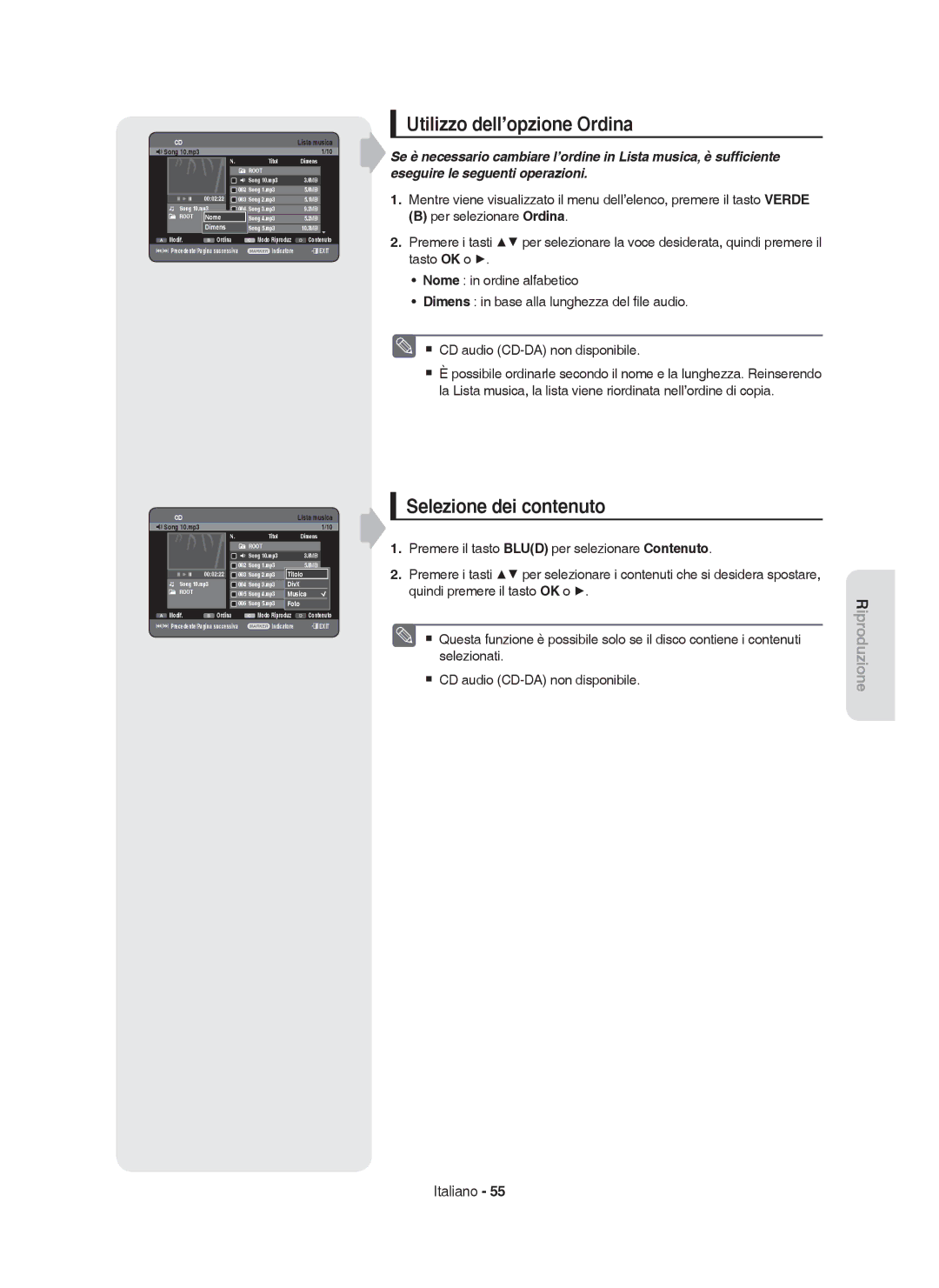 Samsung DVD-HR755/XET, DVD-HR755/XEB, DVD-HR755/XEF manual Utilizzo dell’opzione Ordina, Selezione dei contenuto, Dimens 