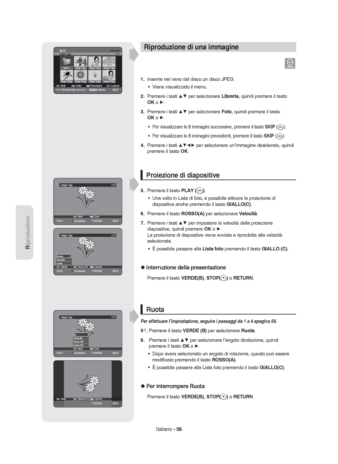 Samsung DVD-HR755/XEB Riproduzione di una immagine, Proiezione di diapositive, Ruota, Interruzione della presentazione 