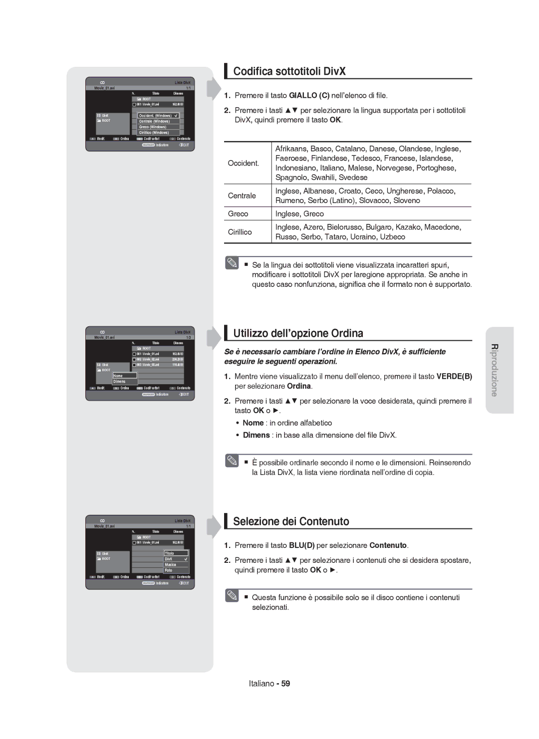 Samsung DVD-HR755/XET, DVD-HR755/XEB, DVD-HR755/XEF, DVD-HR753/XET manual Codiﬁca sottotitoli DivX, Greco Windows 