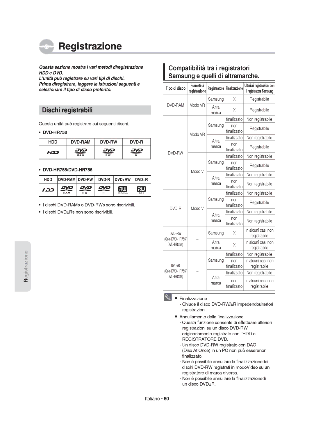 Samsung DVD-HR755/XEB, DVD-HR755/XEF, DVD-HR753/XET Dischi registrabili, Questa unità può registrare sui seguenti dischi 