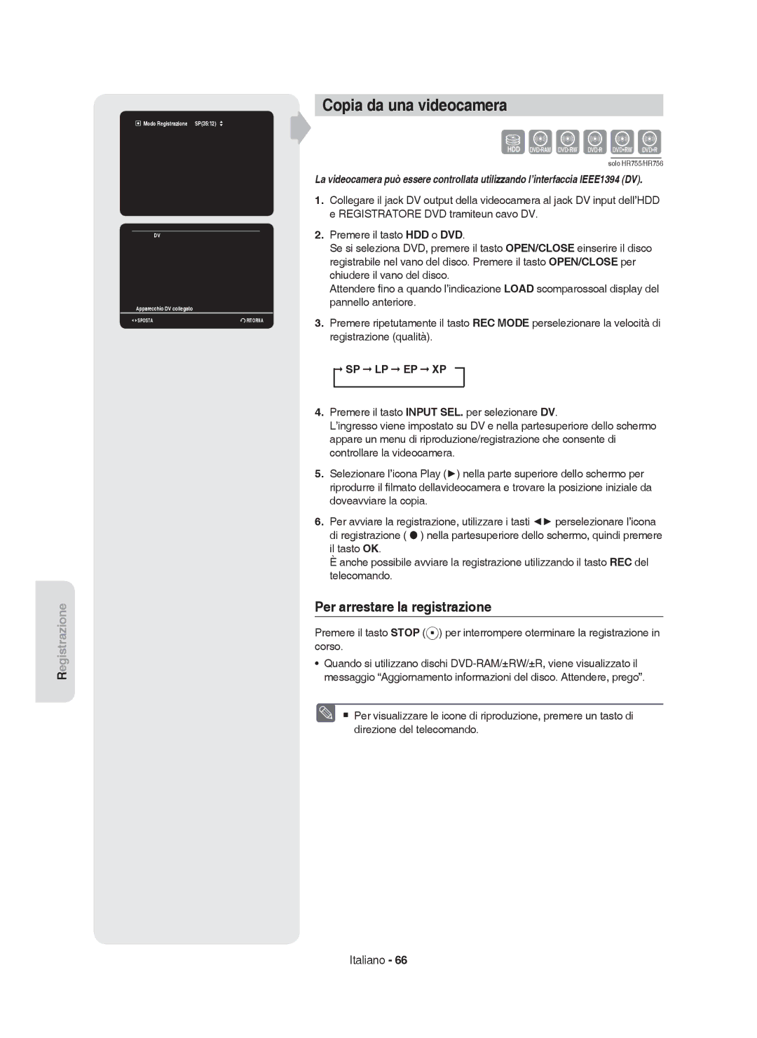 Samsung DVD-HR753/XET, DVD-HR755/XEB, DVD-HR755/XEF, DVD-HR755/XET manual Copia da una videocamera 